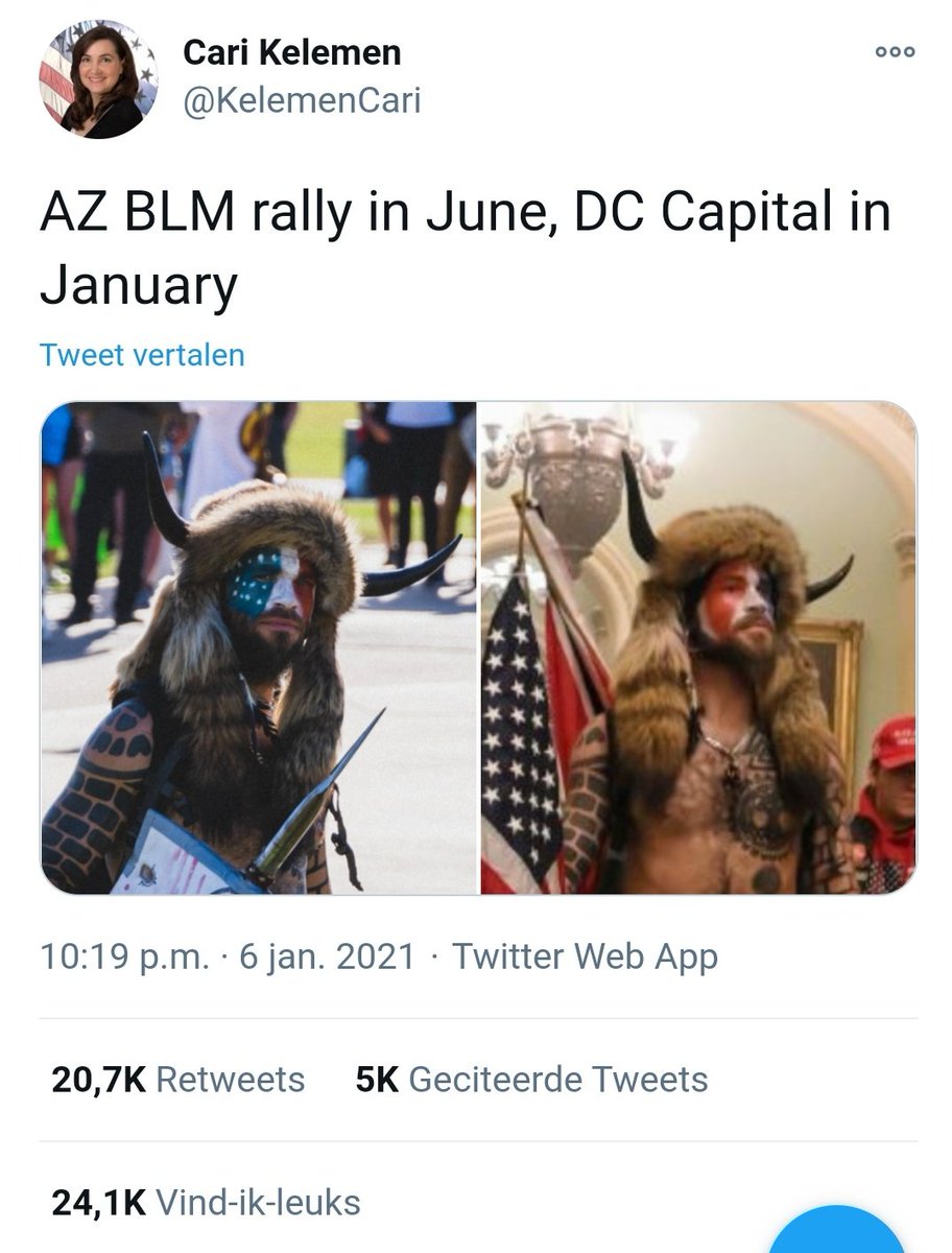 Dat laatste gerucht komt van deze tweet, die de bizon-man signaleerde op "een BLM-rally".En ja, hij liep daar inderdaad rond... als tegenbetoger, met een bordje waarop "Q SENT ME" stond, dat 'toevallig' van de foto is afgeknipt.