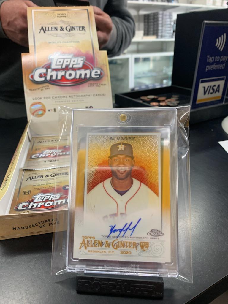 surfcitycards's tweet photo. Wow!! Try to pull an Auto from this release 1 in every 20 boxes! This Collector takes home a Huge One!! 2020 Topps Allen &amp; Ginter Chrome YORDAN ALVAREZ on Card Auto! #topps #yordanalvarez #astros #allenandginter #pulloftheday https://t.co/xJ054d3JI8