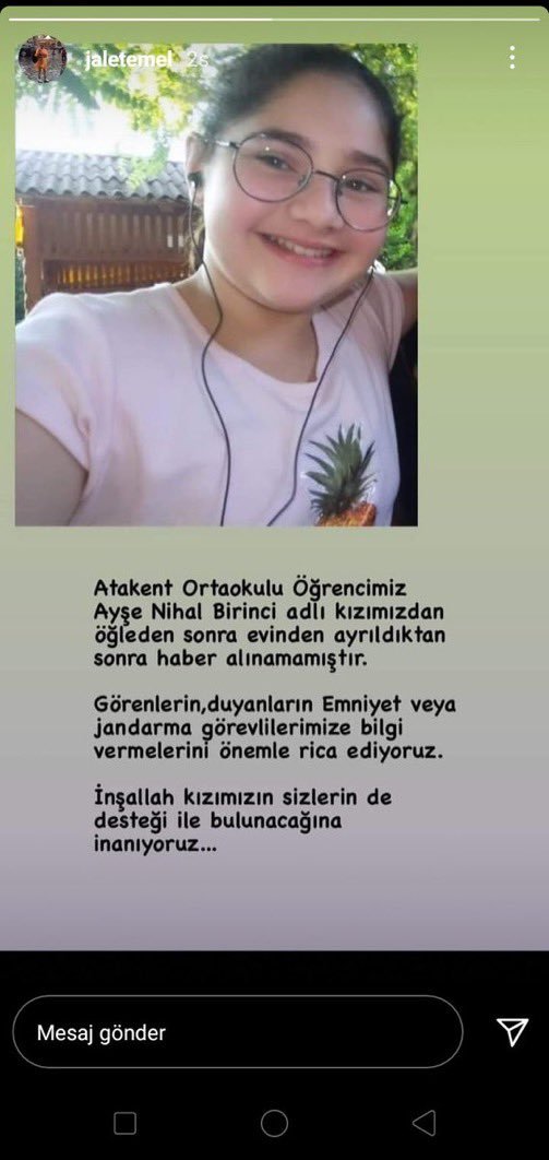 @okurgezemez Samsun’un Atakum ilçesinde yaşayan 13 yaşında olan, 
Ayşe Nihal adlı kızımız bu gün öğlenden sonra evinden çıkıyor ve sonra hiç bir haber alınamıyor. 
Aile perişan bir halde. 
Lütfen arkadaşlar bu twite  yayalım. 

İletişim numarası. 05388842309