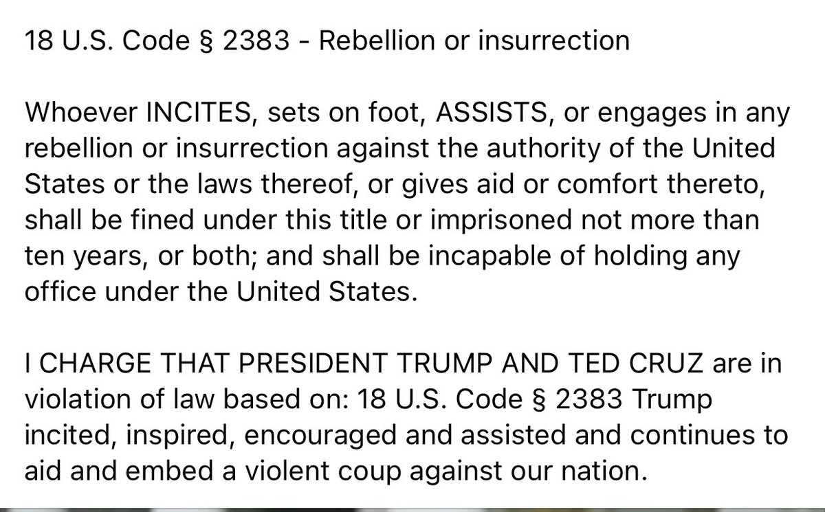 285PAC's tweet photo. Trump still continues to incite with his false claims. 

18 U.S. Code § 2383 - Rebellion or insurrection

Whoever INCITES, sets on foot, ASSISTS, or engages in any rebellion or insurrection... #CapitolBuilding #CapitolHill #America #Trump #25thAmendment #insurrection #Congress https://t.co/DMFTjXUsSE