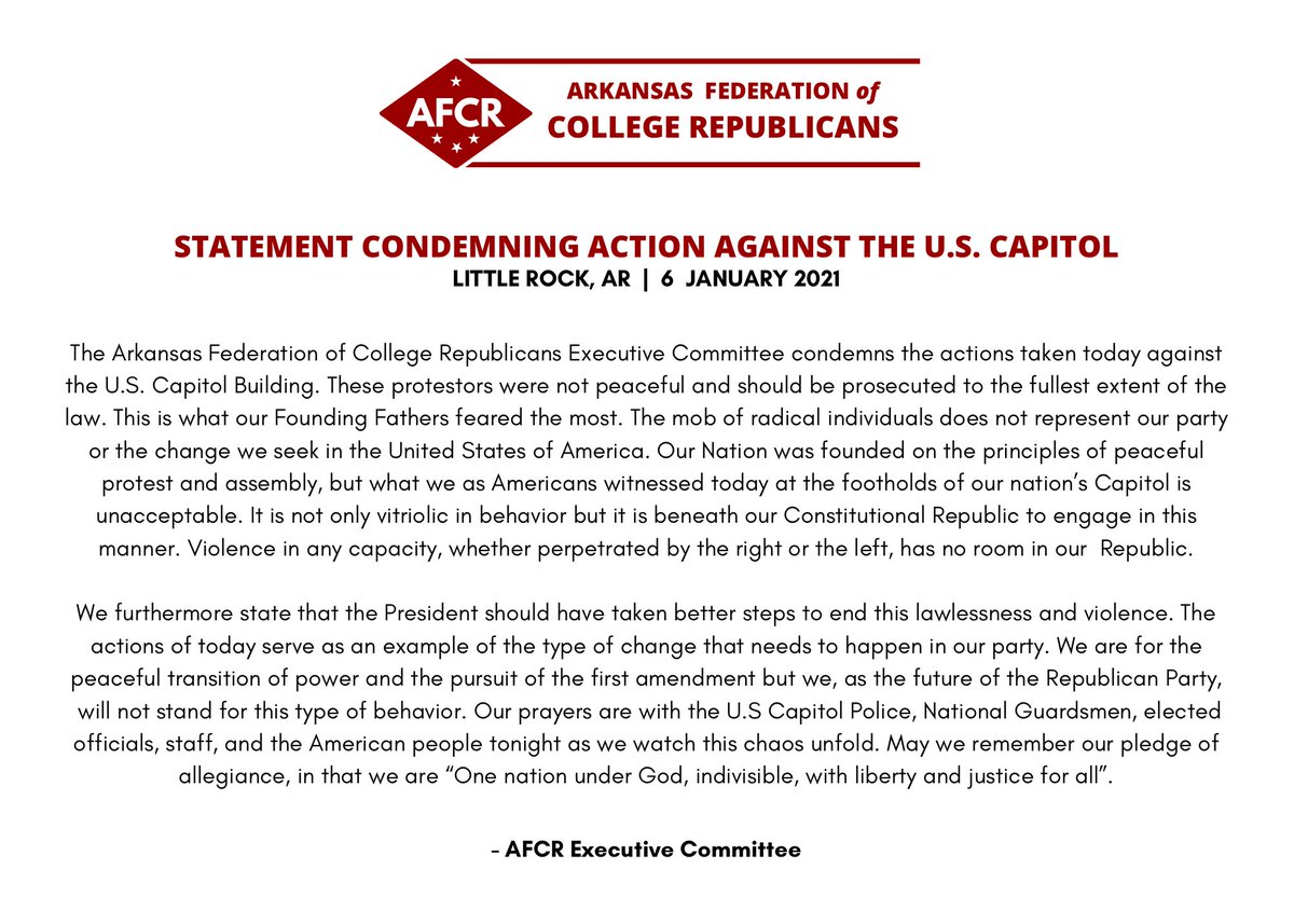 ArkansasCR's tweet photo. The Executive Committee of the Arkansas Federation of College Republicans issues the following statement regarding the actions seen today at the U.S. Capitol. #arpx https://t.co/nPwfukHs87