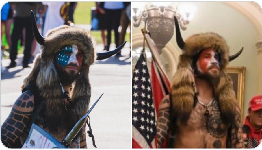 TribulationThe's tweet photo. WHOA!!!! Viking who led the storming of the capital is ANTFA!!!!

First pic...
Left is Viking at BLM rally! Right is today!

Second pic. DUDE and BUDDY IS ANTIFA!!!

#MAGA #Trump #TWGRP #TheMighty200 https://t.co/3sX4HN7i0q