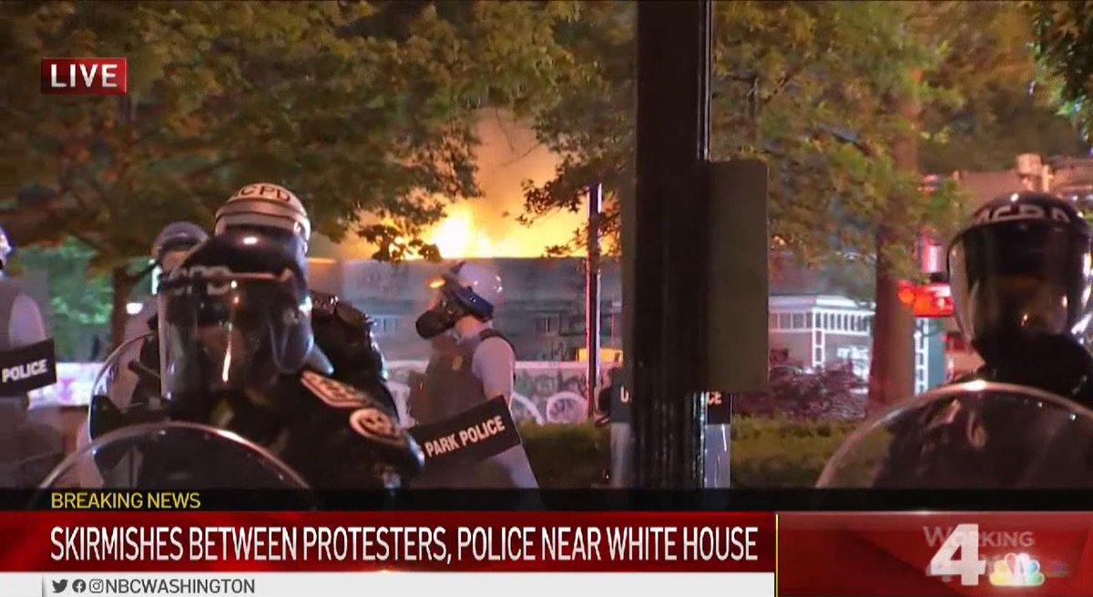 1stBreakingNews's tweet photo. #Breaking 
Insurrection in Washington followed Trump encouragement. Skirmishes and fires seen near the White House. DC Riot Police is moving mob away from Capitol. Tear gas has been fired less than half an hour from curfew at 6 PM. https://t.co/SiKIBK3lfq