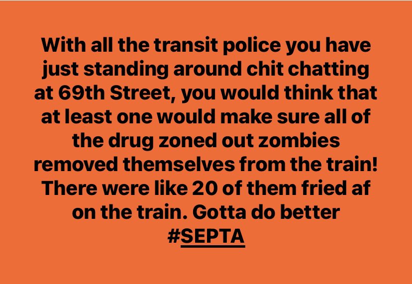 Chivon83's tweet photo. @SEPTA_SOCIAL my friend is an essential work and must use public transit to get to and from work. Please ask your #TransitPolice to do better getting the addicts off the trains and other transit https://t.co/aCukZzlIUI