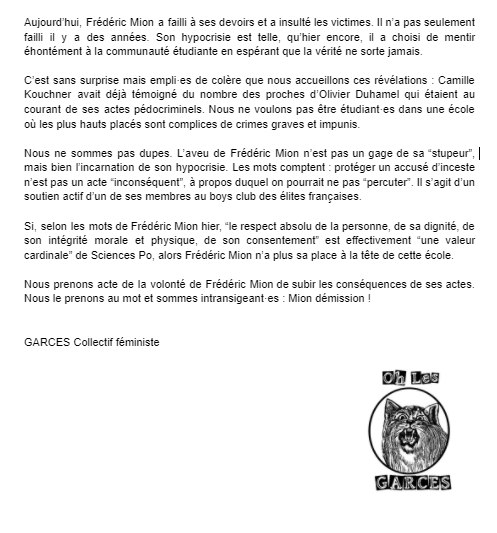 Notre communiqué suite à l'article du Monde qui révèle que Frédéric Mion a été alerté des accusations contre Olivier Duhamel en 2019