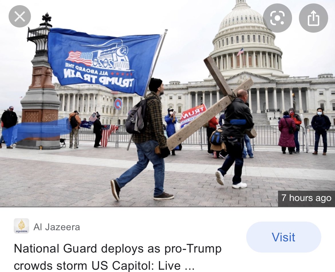 mika_edmondson's tweet photo. Many people don’t realize how big a threat Christian Nationalism is to the witness of the church. 

This was the picture posted on Al Jazeera today. An attempted coup was the only image millions of our Muslim neighbors received today of “Christianity” in America. Lord, have mercy https://t.co/IDoXftQErm