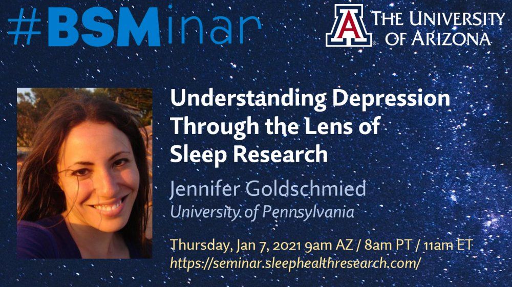 michaelgrandner's tweet photo. Join me TOMORROW for the first #BSMinar of 2021! 

Jennifer Goldschmied @GoldschmiedPhd @PennMedicine 

"Understanding Depression Through the Lens of Sleep Research"

Free CME! 9am AZ / 8am PT / 11am ET. 

More info/signup: https://t.co/j8KqwWdzVQ https://t.co/YWanxodFXN