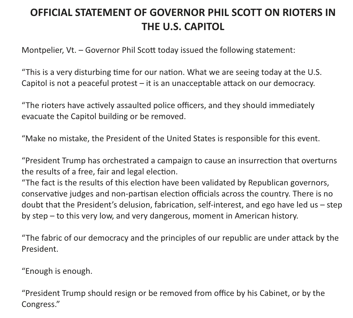 TomGarrisWMUR's tweet photo. BREAKING -- Vermont @GovPhilScott calls for President Trump to either RESIGN or be REMOVED from office. 

Here's his full statement https://t.co/ereahkfpfH