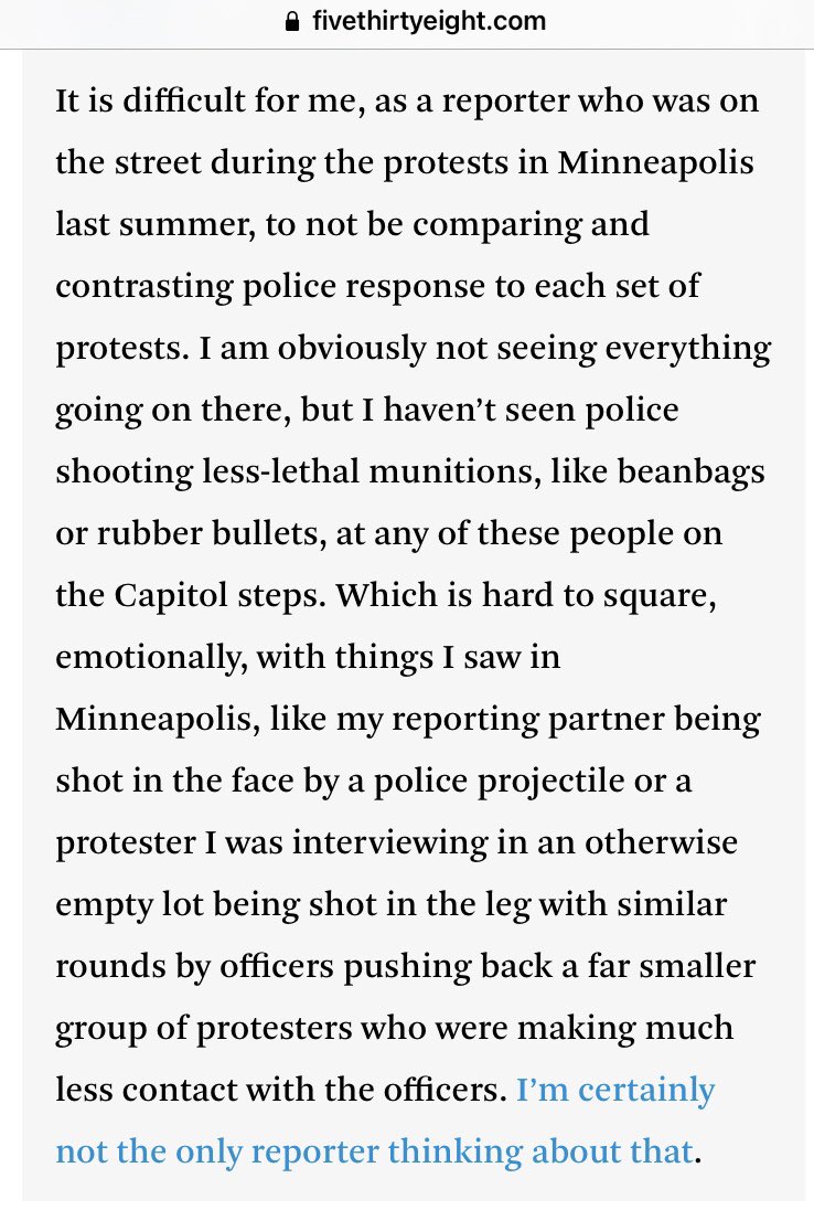 From the <a href="/FiveThirtyEight/">FiveThirtyEight</a> live blog on the warm police response to domestic terrorists today vs the violent crackdown on Black Lives Matter protesters this past summer.