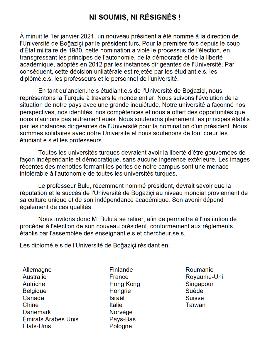 BogaziciBE's tweet photo. Déclaration des Anciens de l'Université Bogazici en Belgique:

#NiSoumisNiRésigné!
#KabulEtmiyoruzVazgeçmiyoruz!
#WeDoNotAcceptWeDoNotGiveUp! https://t.co/cwQu6aYX2N