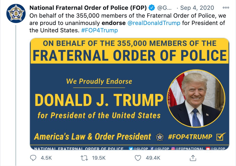 altochulo's tweet photo. Never forget that the National Fraternal Order of Police, NYC Police Benevolent Association, and many other law enforcement unions happily endorsed Trump. 

They've long loved this would-be authoritarian, who has fueled conspiracy theories &amp; egged on today's violent coup attempt. https://t.co/CyUGJXysGW