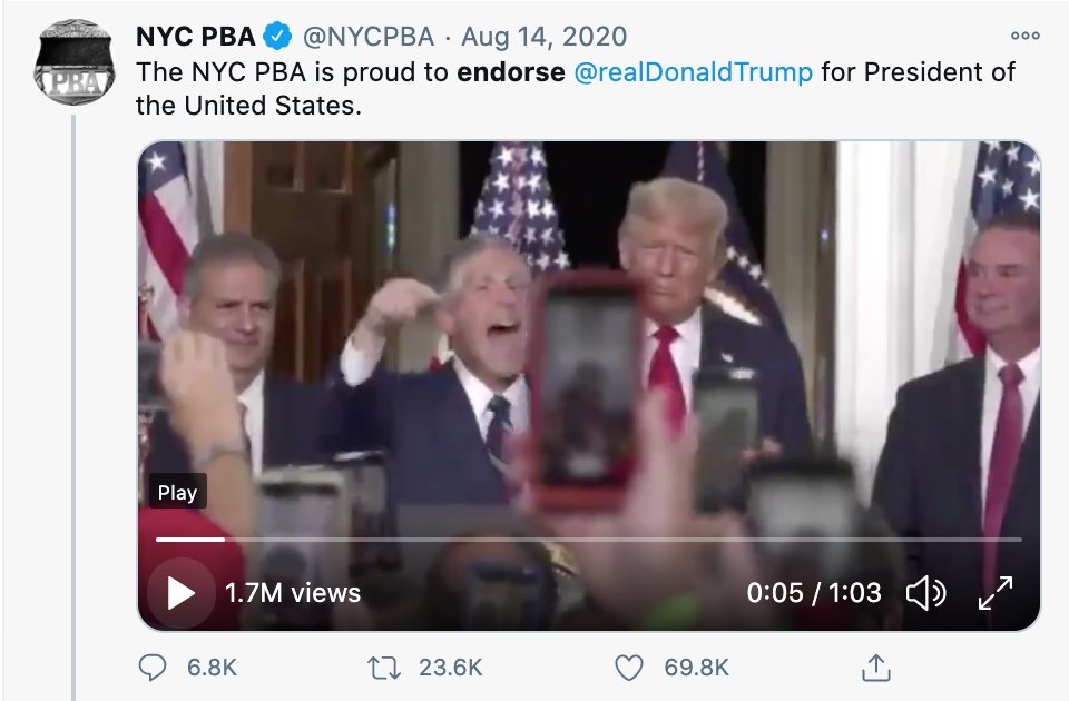 altochulo's tweet photo. Never forget that the National Fraternal Order of Police, NYC Police Benevolent Association, and many other law enforcement unions happily endorsed Trump. 

They've long loved this would-be authoritarian, who has fueled conspiracy theories &amp; egged on today's violent coup attempt. https://t.co/CyUGJXysGW