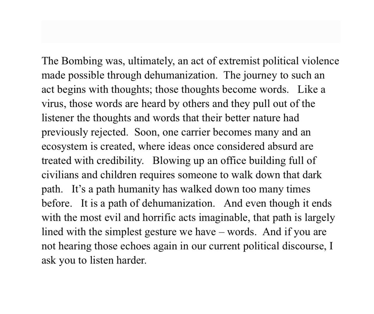 davidfholt's tweet image. Today’s events are the unfortunate but inevitable consequence when elected officials fail to stand for truth. I wrote about that earlier this week. Additionally, today seems like a good time to re-share some of the comments I made on the 25th anniversary of the Bombing. (1/2)