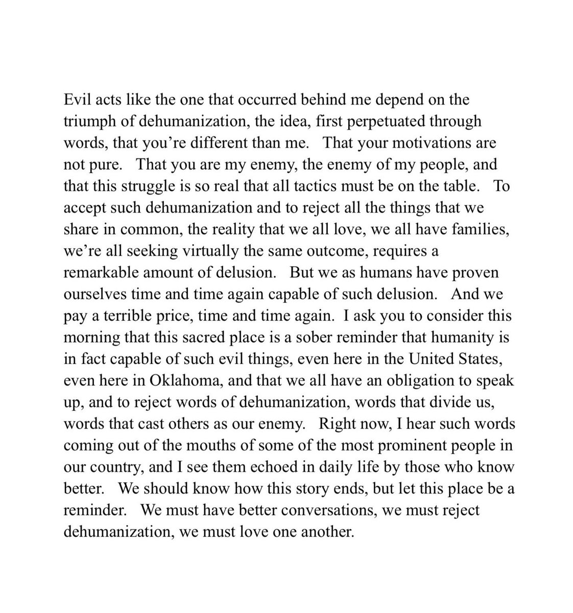 davidfholt's tweet image. Today’s events are the unfortunate but inevitable consequence when elected officials fail to stand for truth. I wrote about that earlier this week. Additionally, today seems like a good time to re-share some of the comments I made on the 25th anniversary of the Bombing. (1/2)