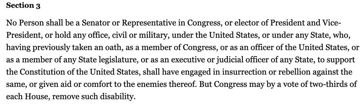 There's understandably been a lot of talk today about the 25th Amendment and the Impeachment Clause. We should also focus on Section 3 of the 14th Amendment, which disqualifies those who engage in insurrection against the Constitution of the United States from holding office.