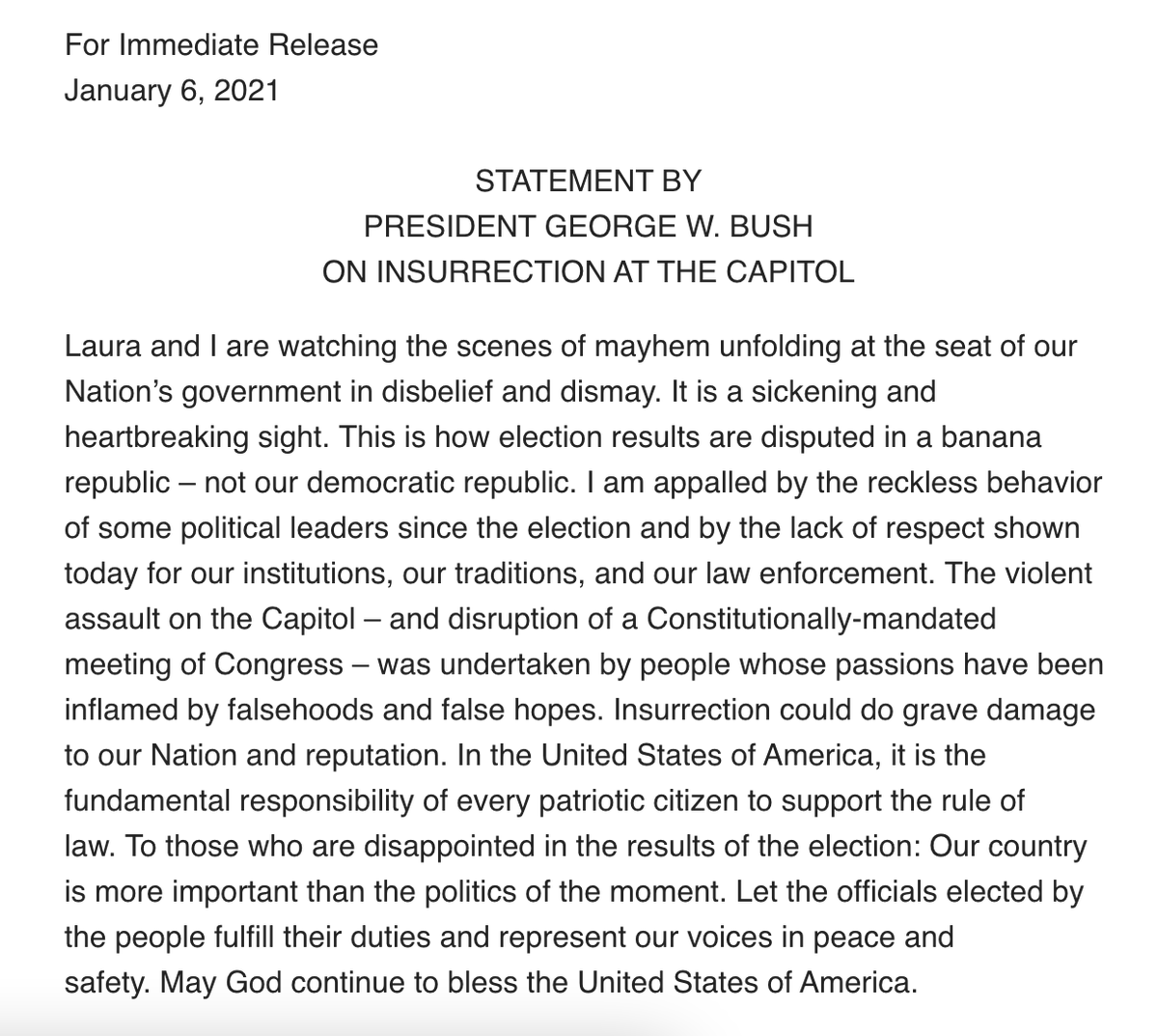 abbydphillip's tweet image. Statement by former President George W. Bush: "It is a sickening and heartbreaking sight. This is how election results are disputed in a banana republic – not our democratic republic."