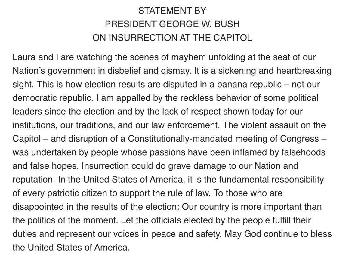 kaitlancollins's tweet photo. Without mentioning President Trump, former President Bush says, "I am appalled by the reckless behavior of some political leaders since the election...The violent assault...was undertaken by people whose passions have been inflamed by falsehoods and false hopes." https://t.co/3GLBaLVyd7