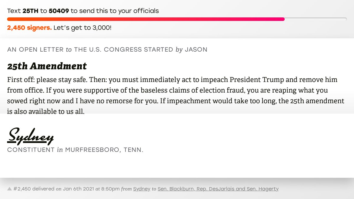 🖋 Sign “25th Amendment” and I’ll deliver a copy to your officials: x.com/messages/compo…

📨 No. 2,450 is from Sydney to <a href="/MarshaBlackburn/">Sen. Marsha Blackburn</a>, <a href="/DesJarlaisTN04/">Scott DesJarlais</a> and Sen. Hagerty #TN04 #TNpolitics #TNpol