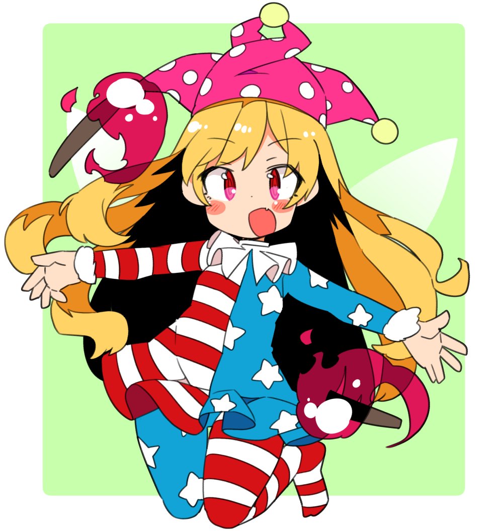 clownpiece 1girl solo blonde hair jester cap long hair hat american flag legwear  illustration images