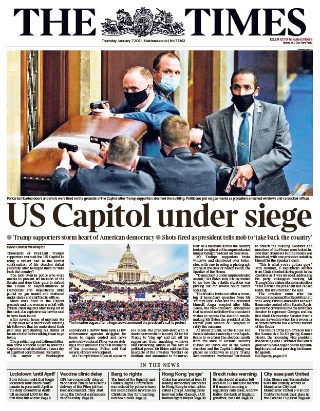 BBCNews's tweet photo. Thursday's Times: "US Capitol under siege" #TomorrowsPapersToday #BBCPapers 

https://t.co/7FuHsAa3Vz https://t.co/uUrHtag76k