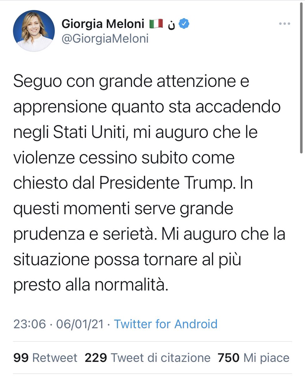 Carrellata di tweet dei nostri “leader” politici 🤦: 

👉 <a href="/GiorgiaMeloni/">Giorgia Meloni</a> “cessare le violenze come chiesto dal presidente Trump”, che è quello che ha sollecitato la rivolta. Come se non sapesse che è Trump che le ha volute. 

👇(1/n)