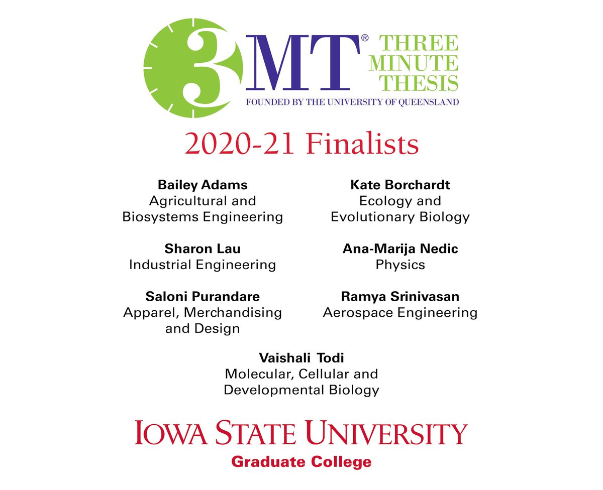 ISUGradCollege's tweet photo. Congratulations to all who participated in the preliminary round of our 2020-21 virtual Three Minute Thesis competition! These seven outstanding graduate students will compete in our final round on Jan. 14. https://t.co/RhfiiKOKJo