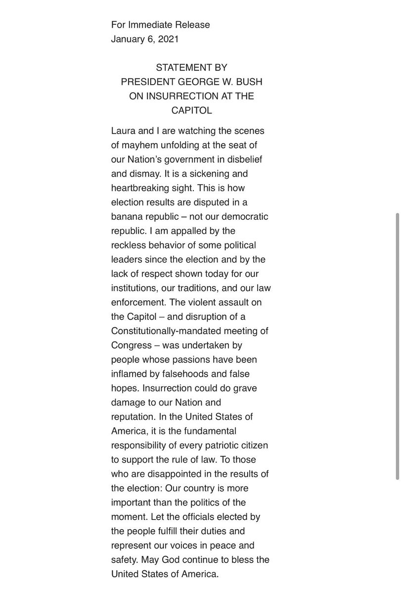 Statement from former President George W. Bush on ‘Insurrection At The Capitol’