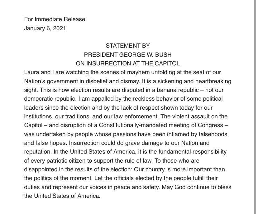 NorahODonnell's tweet photo. A strong statement from former President George W. Bush: 

“This is how election results are disputed in a banana republic — not our democratic republic. I am appalled by the reckless behavior of some political leaders since the election and by the lack of respect...” https://t.co/Fb16PLTBLI