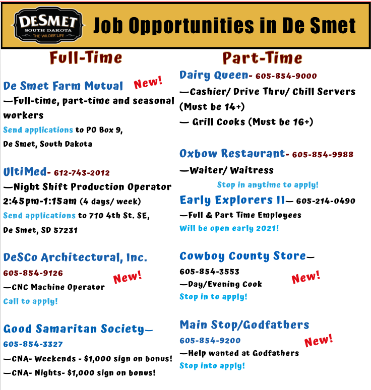 DeSmetDev's tweet photo. Looking to switch things up in the new year? Or looking to move and need a job? Check out some listings that De Smet has to offer! #JobsInSD #DSJobs https://t.co/p7sAcXg0fA