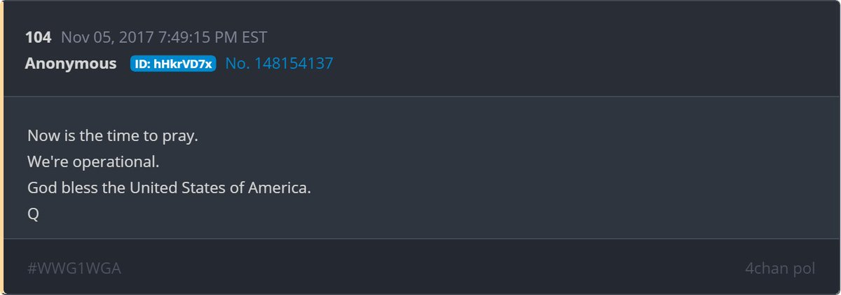 🚨Deltas between matter---

16:17 and 15:13 - [17] Marker. Difference is 1:04

Q104

Now is the time to pray.
We're operational.
God bless the United States of America.
Q
@CatNamus