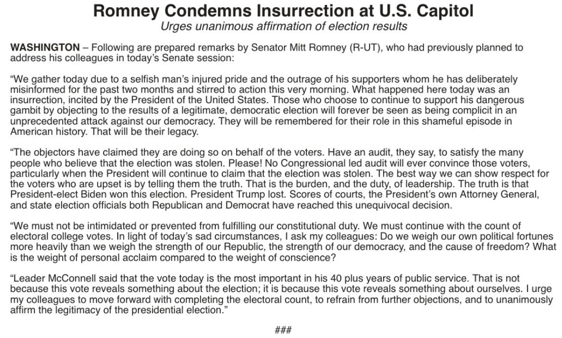 delfinocrc's tweet photo. ÚLTIMA HORA: El senador republicano, Mitt Romney, acusa al presidente Donald Trump de haber incitado a una insurrección y urge al Congreso a ratificar, por unanimidad, la decisión del Colegio Electoral. https://t.co/TpZ8i5hBc4