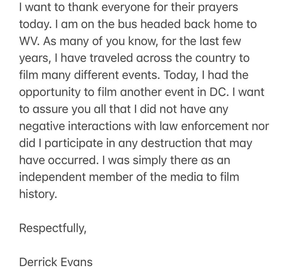 LeslieRubinWVBA's tweet photo. JUST IN: Incoming https://t.co/Mzmnlf1LMj. Del. Derrick Evans issues statement after videos on FB show him storming the US Capitol today during the protests. https://t.co/GNl9OHCYcb