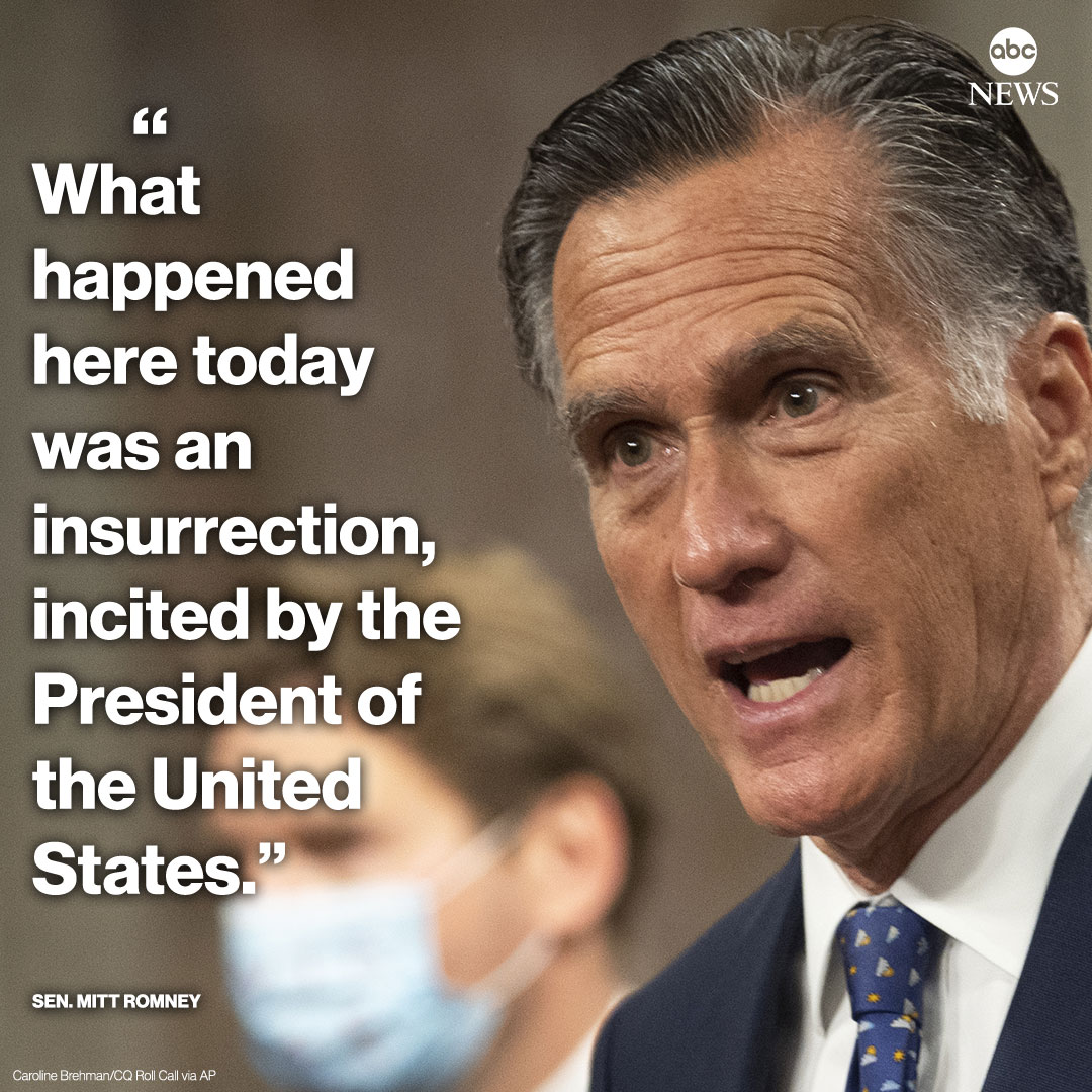 ABC's tweet photo. JUST IN: Sen. Mitt Romney: "Those who choose to continue to support [Pres. Trump's] dangerous gambit by objecting to the results of a legitimate, democratic election will forever be seen as being complicit in an unprecedented attack against our democracy." https://t.co/0Q6lPhOOvt https://t.co/eX9zeN2jQv