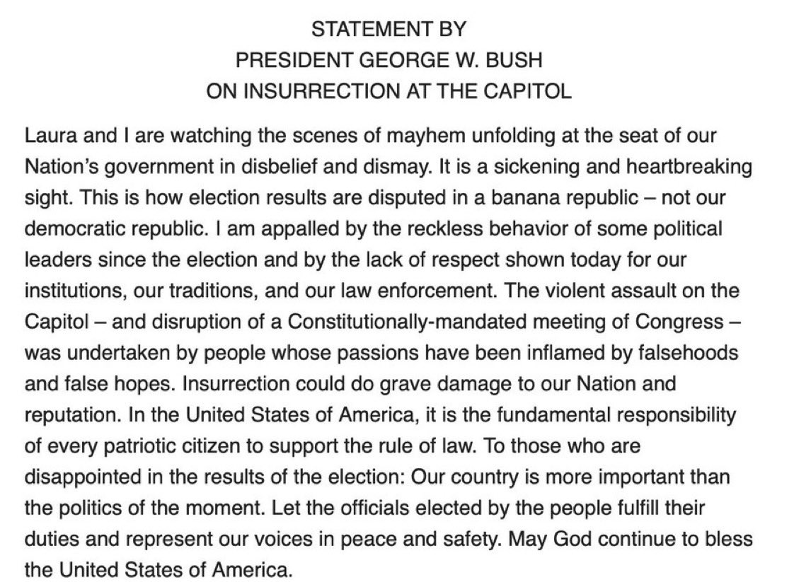 yashar's tweet photo. President Bush uses the word “insurrection” and calls out Trump and Senators like Ted Cruz and Josh Hawley but does NOT name them. https://t.co/P4TDgsfx5H