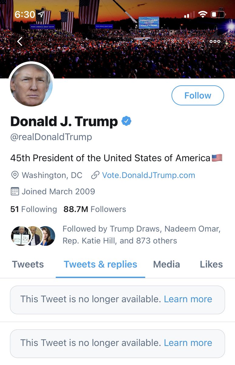 Twitter deleted the latest Trump tweets. They left his speech to his cult on his timeline though.