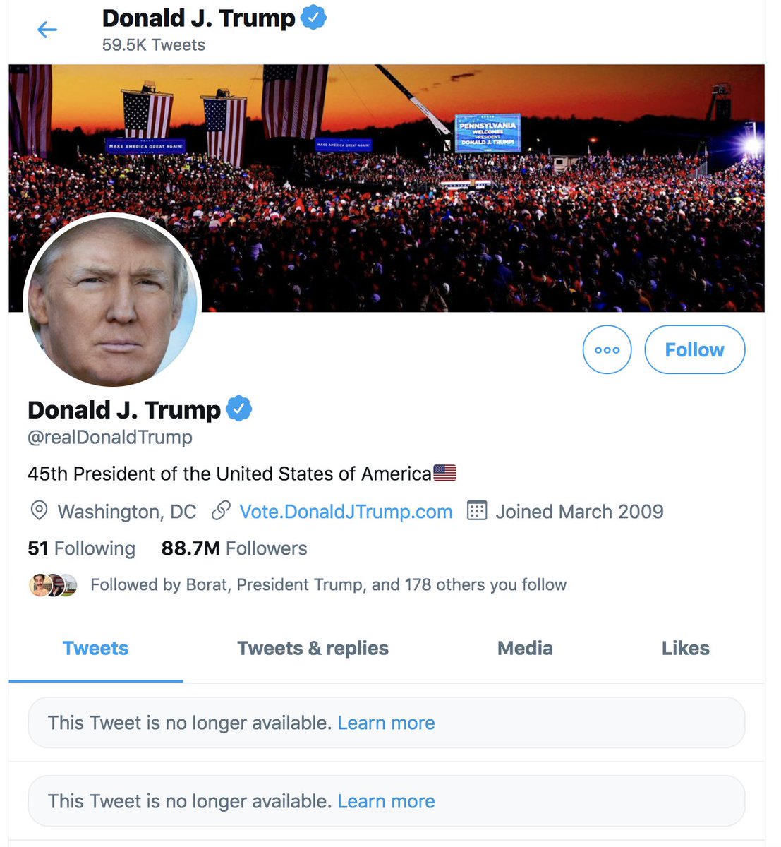Way to go <a href="/jack/">jack</a> 👏 Let's #deletehisaccount next! Time to resign <a href="/realDonaldTrump/">Donald J. Trump</a> #biggestloser