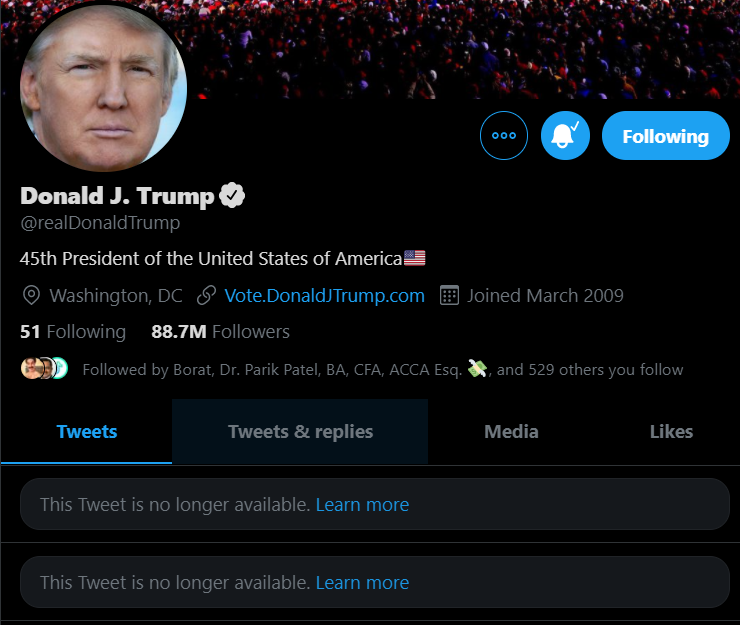 Jason's tweet photo. Whoa... @twitter has deleted @realDonaldTrump's last two tweets -- feels to me like a suspension is coming next.

you gotta think that @jack @finkd &amp; @SusanWojcicki are debating how to deal with this insanity in real time... I don't envy them. https://t.co/lcC44ZGQnh