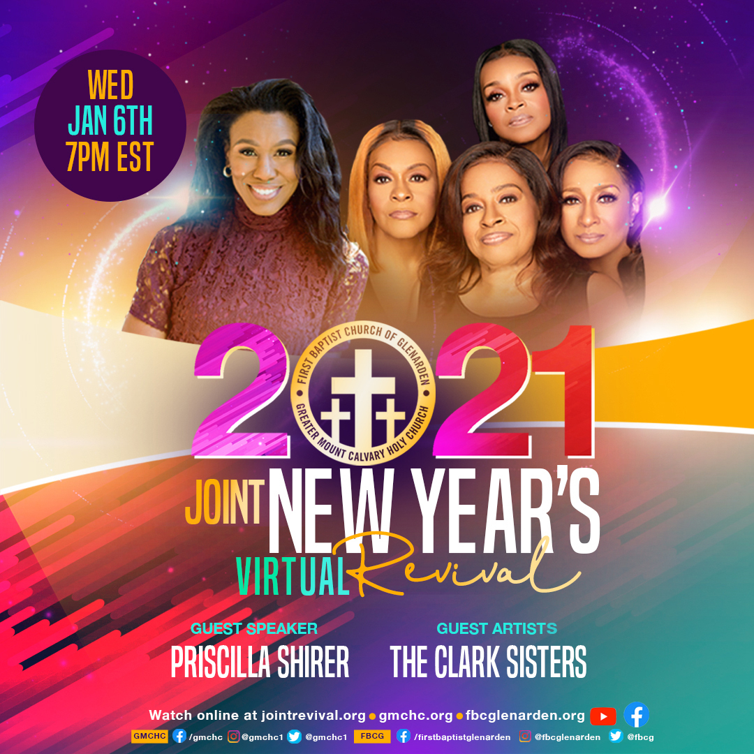 FBCG's tweet photo. We are LIVE!  Join us as we kick off the 2021 Joint New Year's Revival with Priscilla Shirer and The Clark Sisters!  Watch on Facebook Live or visit https://t.co/xKIUAh13WE for other viewing options. #JointRevival21 #FBCGLive https://t.co/FB71UT0dSH