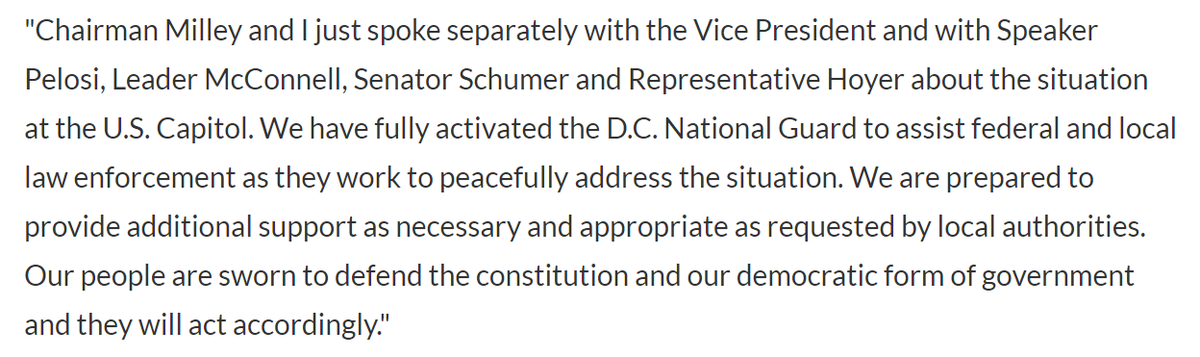 Dept of Defense met with Pence, Pelosi, McConnell, Schumer &amp; Hoyer this afternoon before issuing this statement. It seems notable that they didn't speak with Trump. lnwd.cc/2XhdJqf
