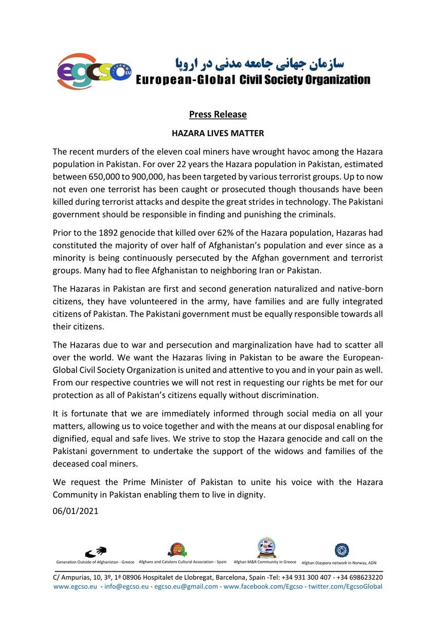 EgcsoGlobal's tweet photo. Press Release
#HAZARA_LIVES_MATTER
#Hazara_Lives_Matter
#Stop_Raicism  #Stop_Genocide https://t.co/lDQ6ZP0AGK