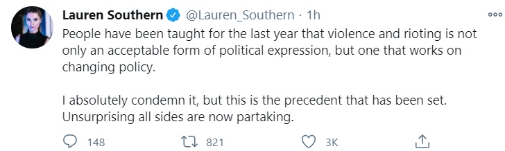Another former colleague of Goldy,  @Lauren_Southern, engages in some tsk tsking, essentially blaming BLM for the this example of sedition.She also voices her opposition to violence... unless it involves shooting flares at refugee ships I presume. 10/