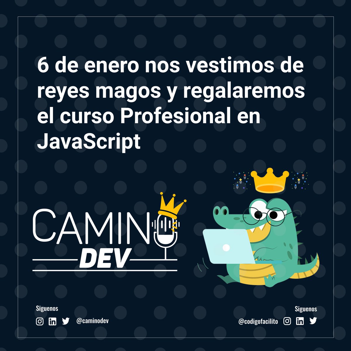 caminodev's tweet photo. Hola CaminoDevs🎙️ nos unimos a @codigofacilito y celebramos nuestros 100 suscriptores de @Youtube
y los reyes magos vieron con el curso Profesional JavaScript.

Instrucciones del sorteo:
1. Like y RT
2. Cuentanos porque quieres el curso

Mañana a la 6PM seleccionaremos el ganador https://t.co/M0Q1oDERiU