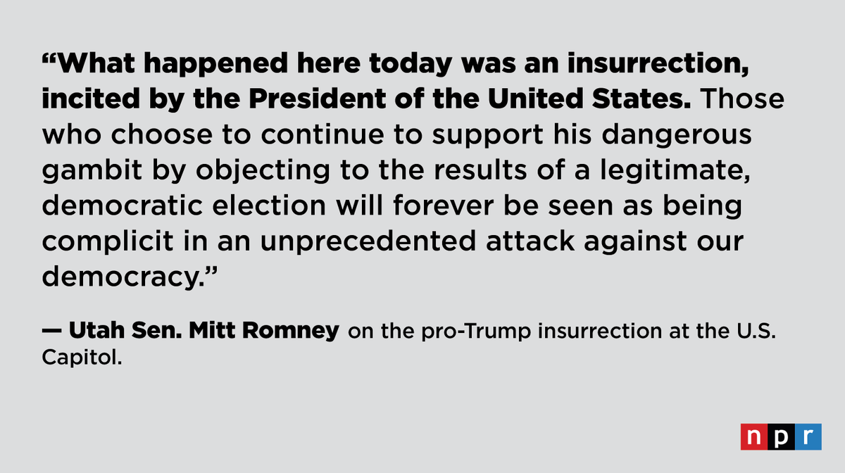 NPR's tweet photo. Sen. Mitt Romney of Utah lambasted President Trump for inciting the violent insurrection at the Capitol, calling him “a selfish man” who “deliberately misinformed" his supporters.

The Latest: https://t.co/rr7Am4WZOg https://t.co/nxY2b1Nfcw