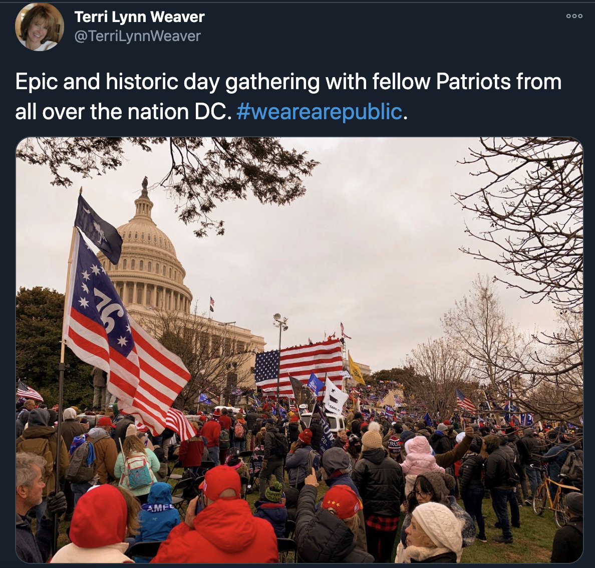 tndp's tweet photo. Today, right wing and extreme conservatives unleashed an attack on our Country... AND @tnhousegop MEMBER @TerriLynnWeaver JOINED THEM AND PRAISED THE ATTACK. Rep. Weaver endorses treason and terror. She should resign and the @TNGOP denounce this. https://t.co/QTKo7nCxd2