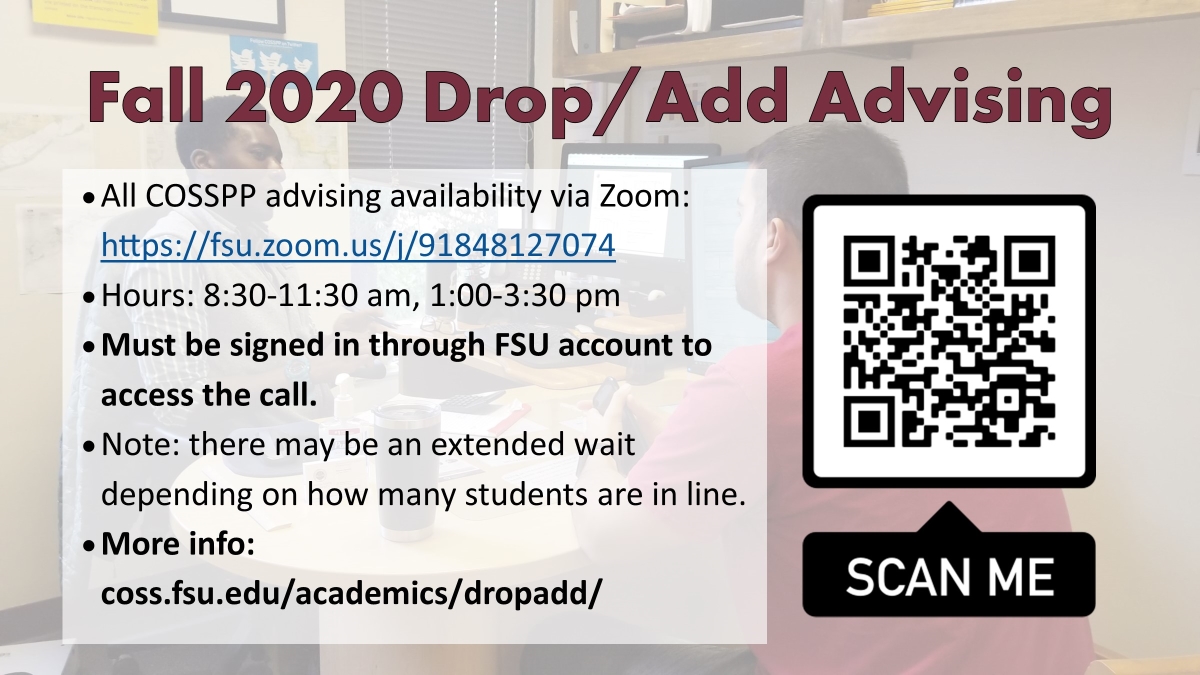 FSUCoSSAdvising's tweet photo. Need to know how to access COSSSPP academic advising during Drop/Add? Here's how! https://t.co/ooBUQZdBjX