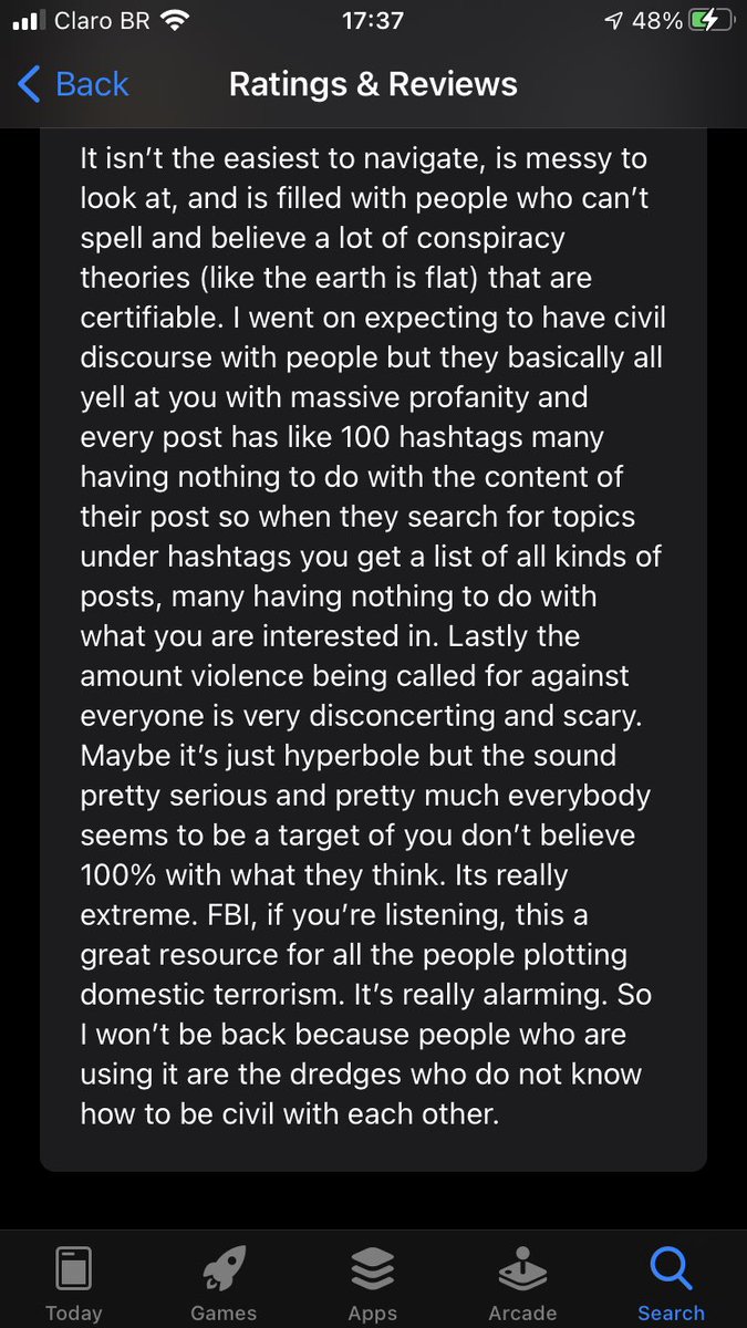 AkuTyger's tweet photo. A review of Parler. Is the FBI watching? How could they not know this would happen? https://t.co/ePL05GemyA