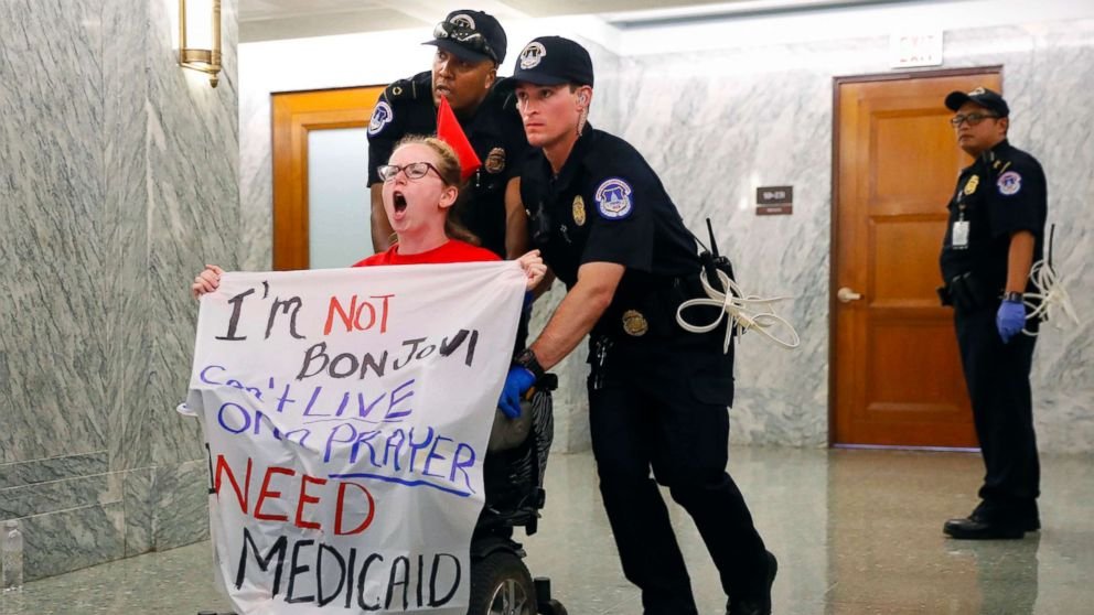 When disability rights protesters peacefully objected to cuts in Medicaid, more than 180 were arrested.  @CapitolPolice took down people with physical disabilities. I have not yet found even one marauder or looter handled like these disabled heroes were.