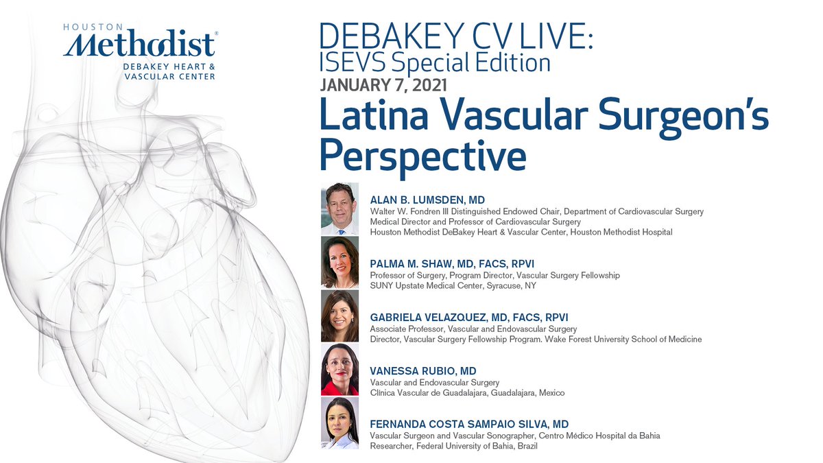 DeBakey CV Education - World Class CV Training (@debakeycvedu) on Twitter photo Tomorrow 5 pm CST, join us for DeBakey CV Live ISEVS with <a href="/alanlumsden/">alan lumsden</a>, <a href="/vasculargirl212/">Vascular Girl</a>, <a href="/G_Velazquez_R/">GABRIELA VELAZQUEZ</a>, Dr. Vanessa Rubio and @nandavasacular, as they discuss the Latina women in cv surgery. <a href="/HMethodistCV/">Houston Methodist CV</a> <a href="/WakeVascular/">Wake Forest University Vascular Surgery</a> #vascularsurgery #vasculartwitter bit.ly/3pZvjvV Tomorrow 5 pm CST, join us for DeBakey CV Live ISEVS with <a href="/alanlumsden/">alan lumsden</a>, <a href="/vasculargirl212/">Vascular Girl</a>, <a href="/G_Velazquez_R/">GABRIELA VELAZQUEZ</a>, Dr. Vanessa Rubio and @nandavasacular, as they discuss the Latina women in cv surgery. <a href="/HMethodistCV/">Houston Methodist CV</a> <a href="/WakeVascular/">Wake Forest University Vascular Surgery</a> #vascularsurgery #vasculartwitter bit.ly/3pZvjvV