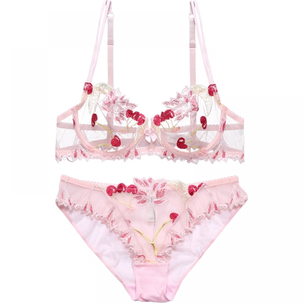 #ohsopretty Pink Bra Set Cherry Embroidery kalonlingerie.com/pink-bra-and-p…