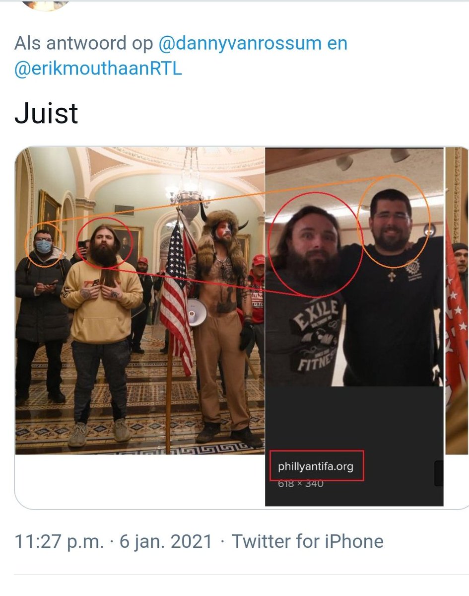 Nog hoaxje: twee mannen naast de QAnon-sjamaan worden exposed als "Antifa" omdat men ze herkent op een foto bij  http://phillyantifa.org .Verdacht!Of toch niet: die foto toont namelijk twee beruchte neonazi's. Het is een afbeelding bij een blogpost geschreven dóór phillyantifa.